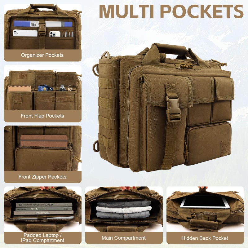 GES حقيبة رسائل تكتيكية مقاس 15.6 بوصة للرجال، حقيبة كمبيوتر عسكرية وحقيبة كتف للعمل، الكلية (كاكي) - Image 4